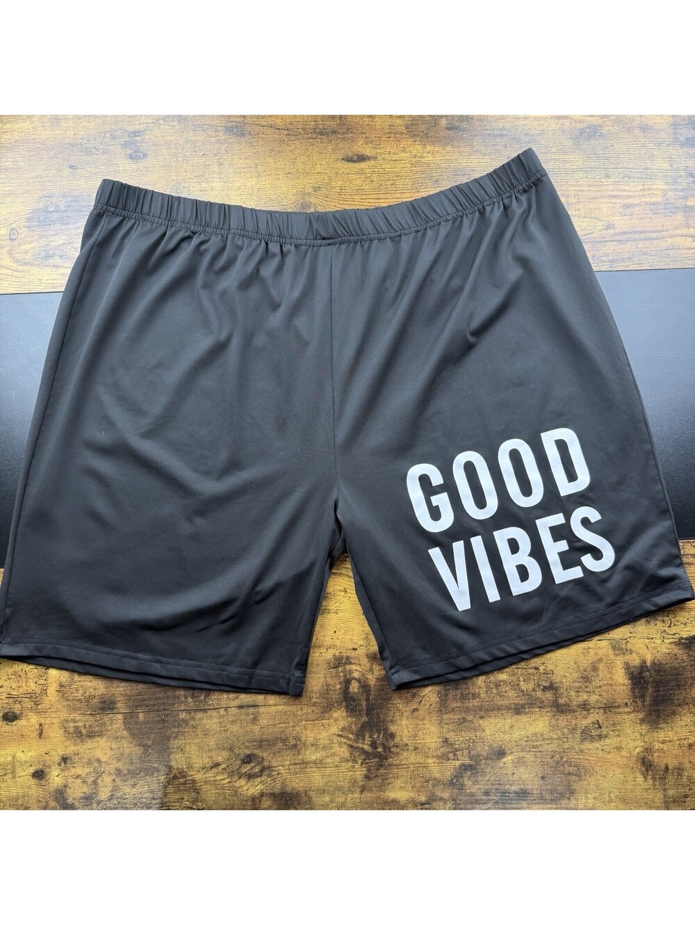 SHEIN CURVE 4XL Good Vibes Graphic Athletic Lounge Shorts Black Stretch